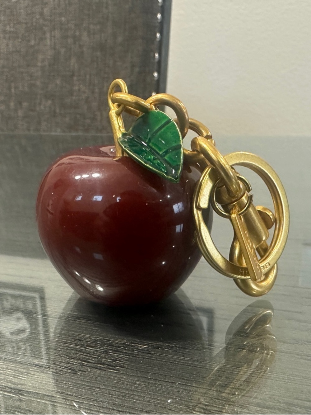 Coach Apple Keychain Charm in Deep Red with Green Leaf and Gold Hardware